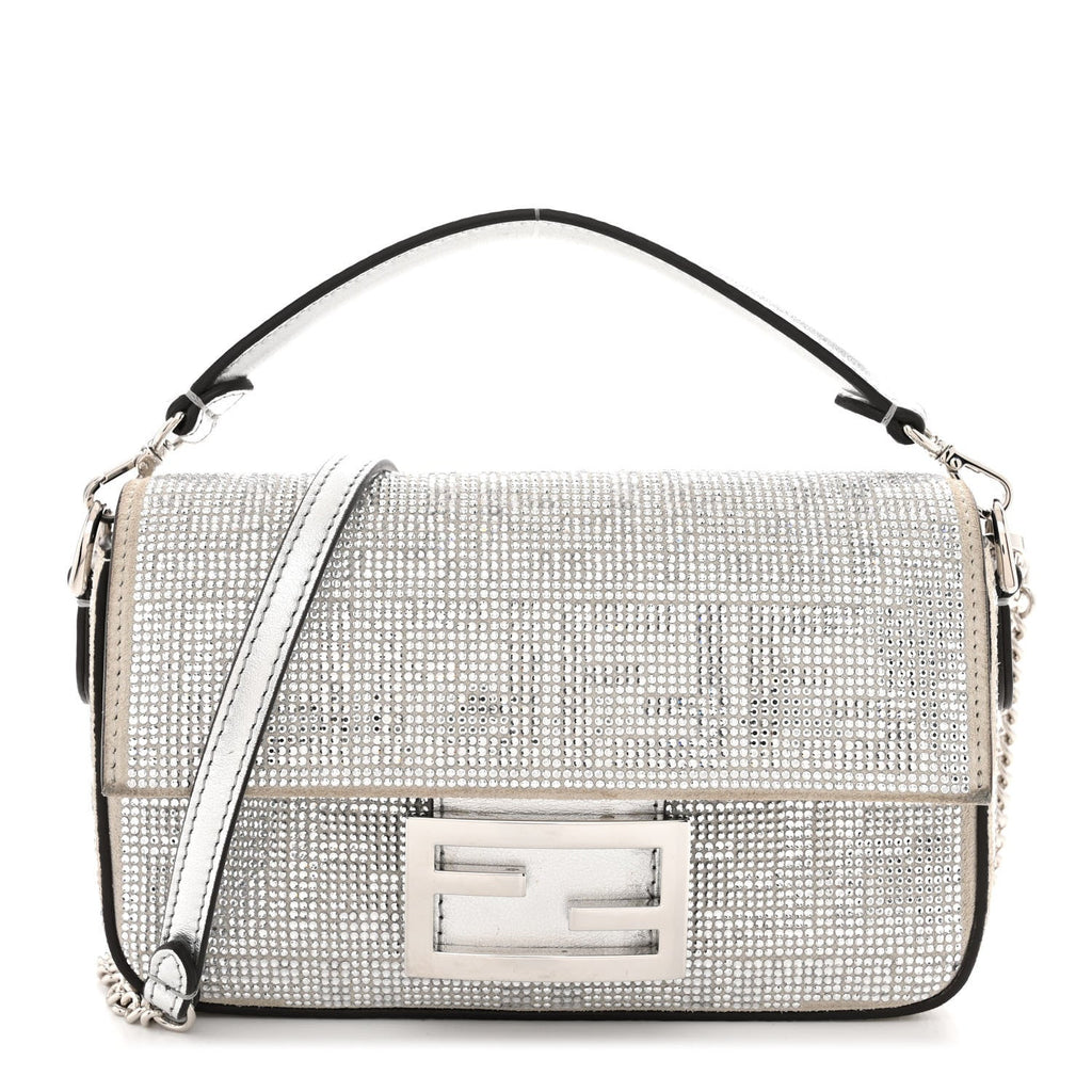 Crystal Vitello Laminato FF Mini Baguette Crystal Argento