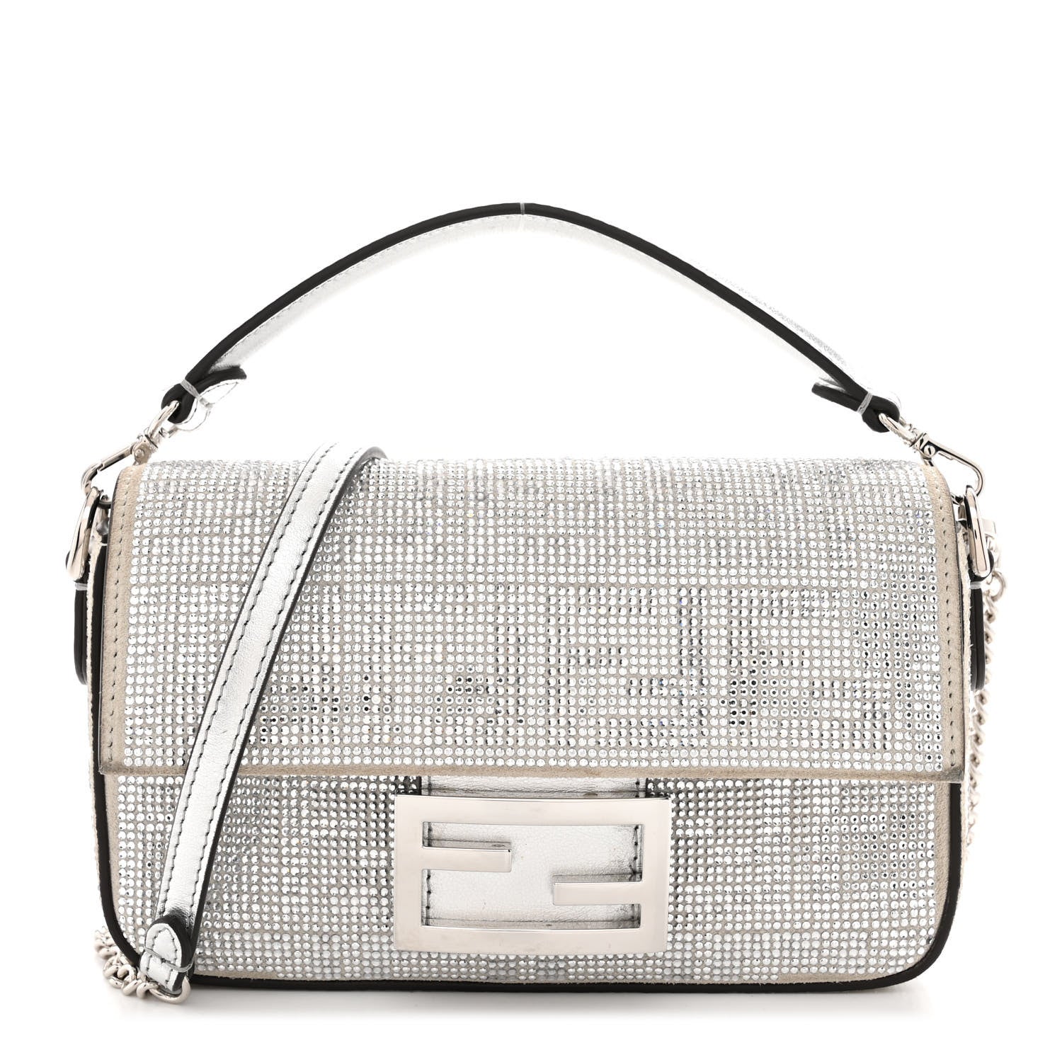 Crystal Vitello Laminato FF Mini Baguette Crystal Argento