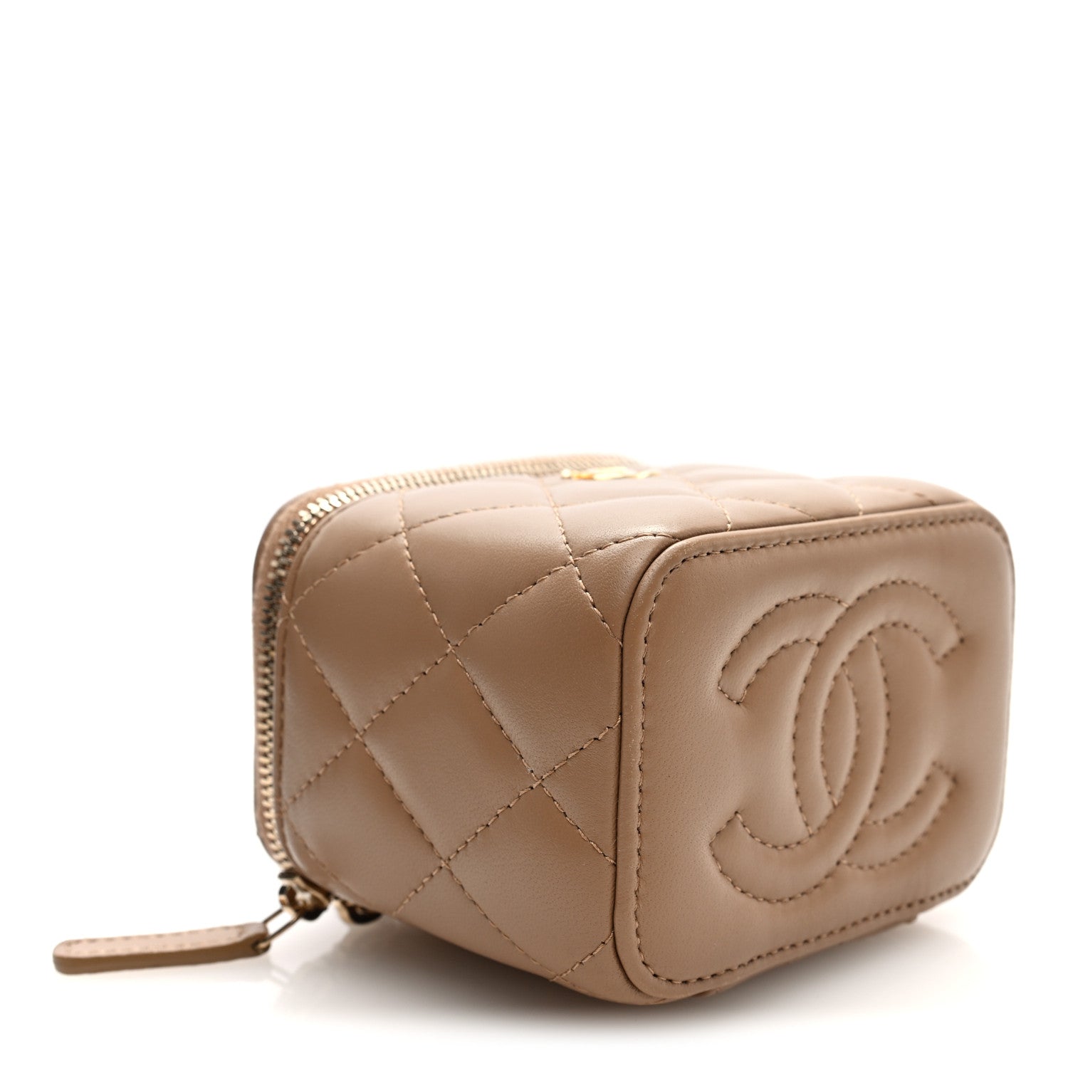Lambskin Quilted Pearl Crush Mini Vanity Case With Chain Beige