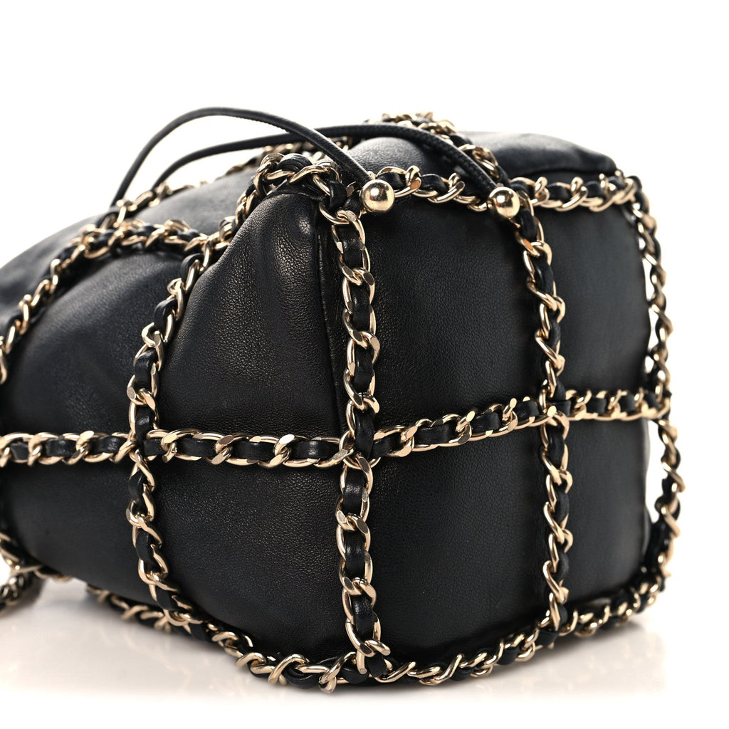 Lambskin Bucket Chain Drawstring Bag Black