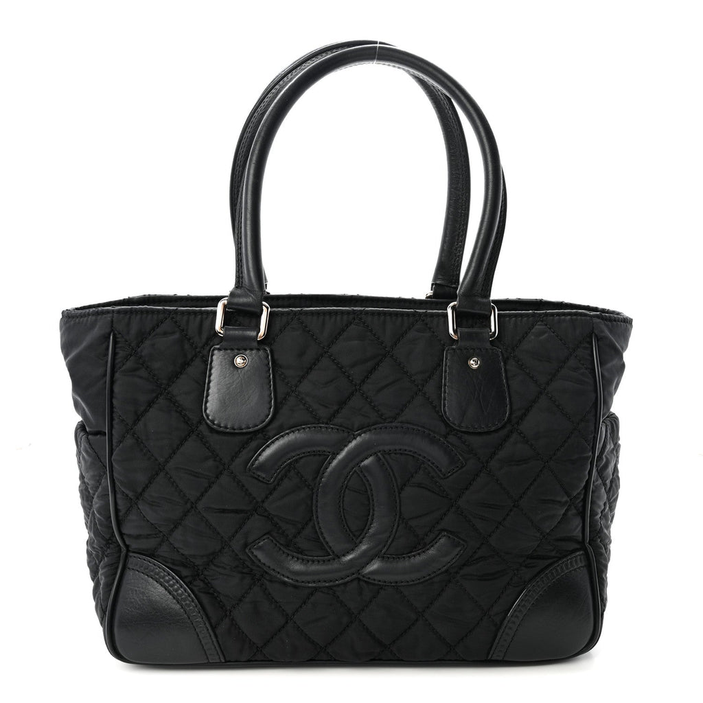 Nylon Calfskin Quilted CC Paris New York Tote Bag Black