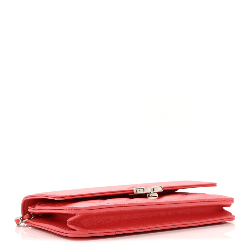 Grained Calfskin Quilted CC Box Wallet On Chain WOC Pink Pink