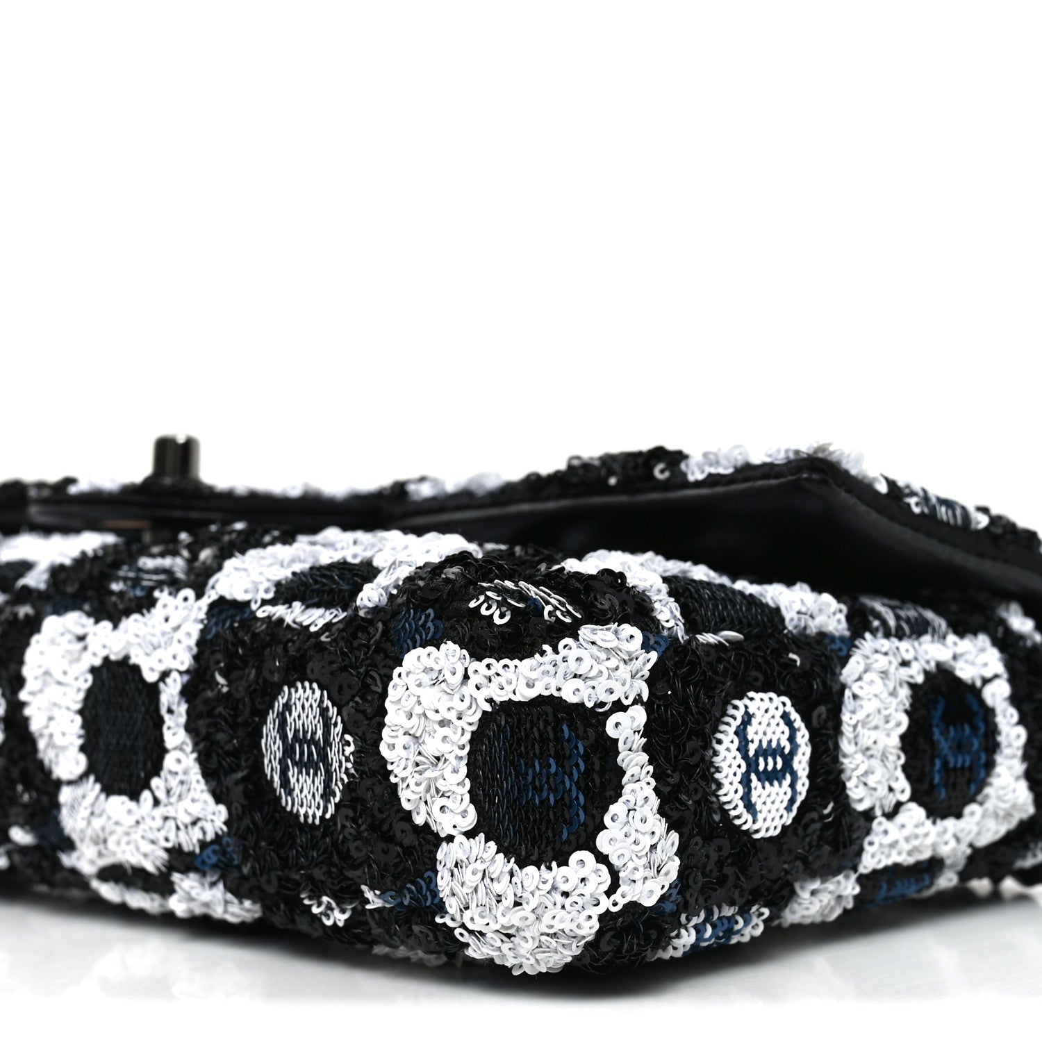 Satin Sequin Embellished Flower East West Flap Black White Blue