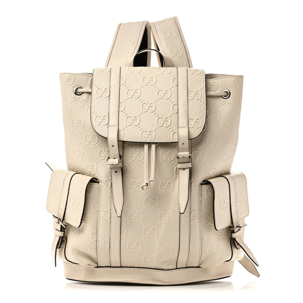Piuma Calfskin Jumbo GG Embossed Double Buckle Backpack Mystic White