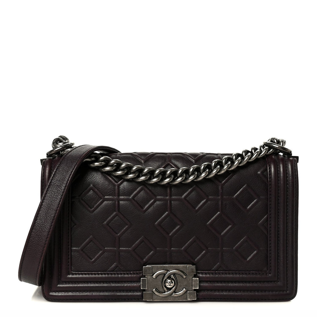 Calfskin Crystal Embossed Medium Boy Flap Plum