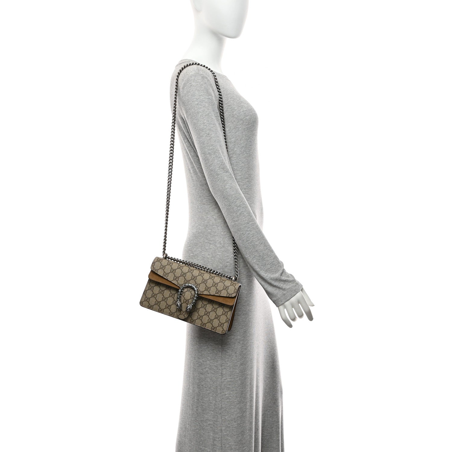 GG Supreme Monogram Suede Crystal Small Dionysus Shoulder Bag Beige Ebony Taupe