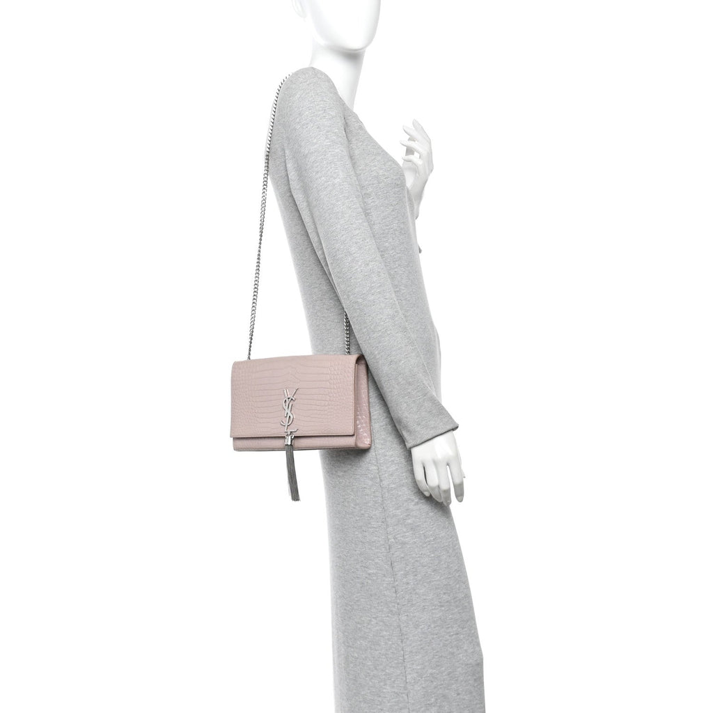 Calfskin Crocodile Embossed Medium Classic Monogram Kate Tassel Satchel Powder Pink