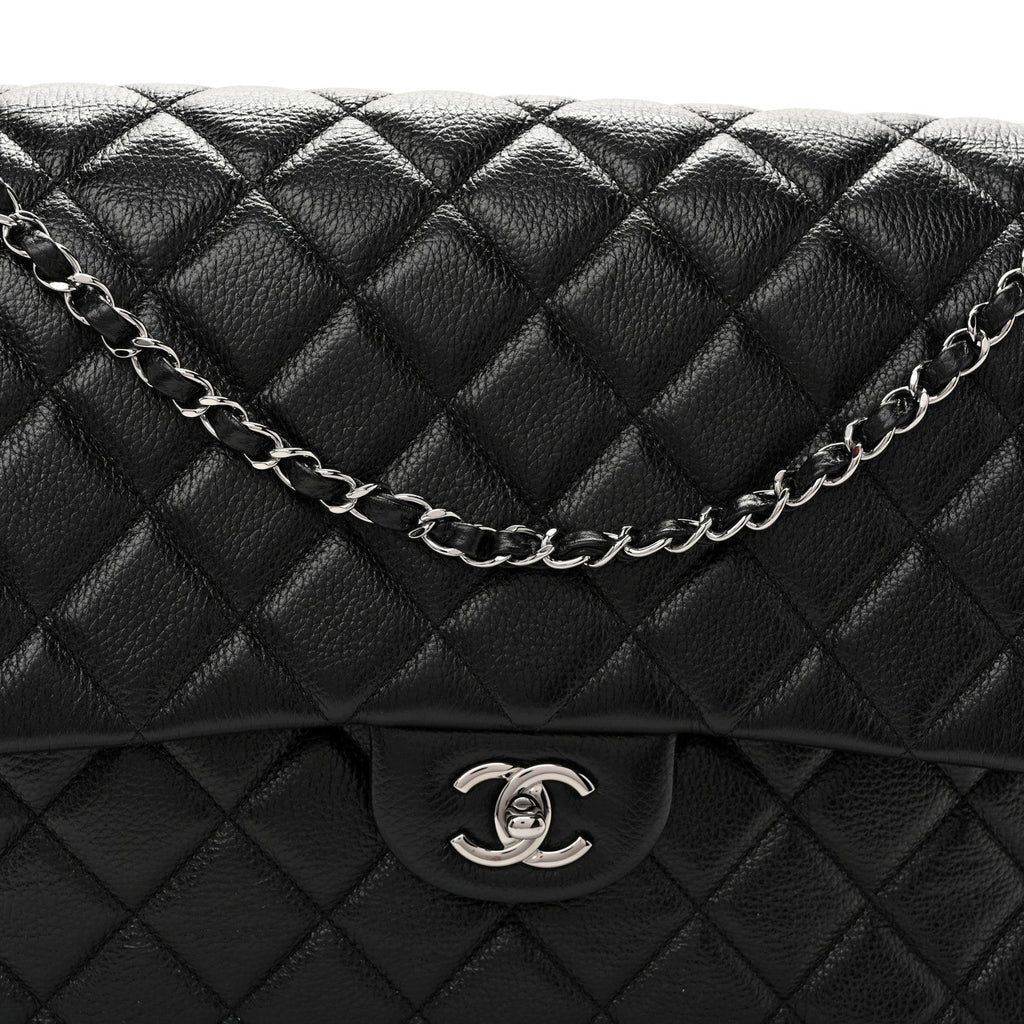 Grained Calfskin Quilted XXL Travel Flap Bag Black