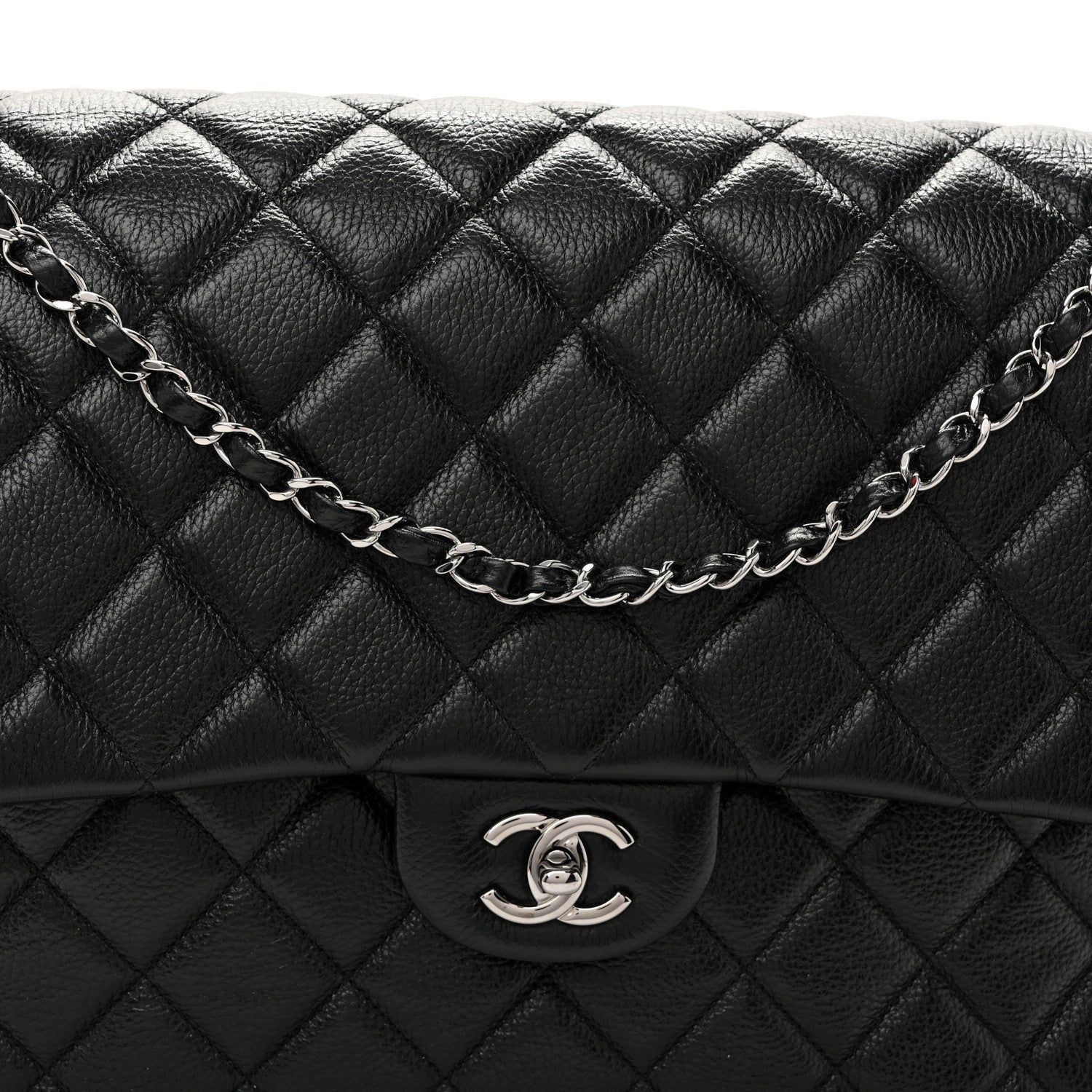 Grained Calfskin Quilted XXL Travel Flap Bag Black