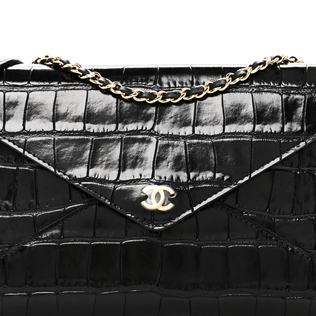 Calfskin Crocodile Embossed Envelope Clutch With Strap Black