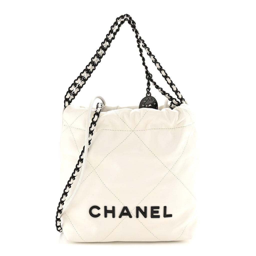 Shiny Calfskin Quilted Mini Chanel 22 White Black