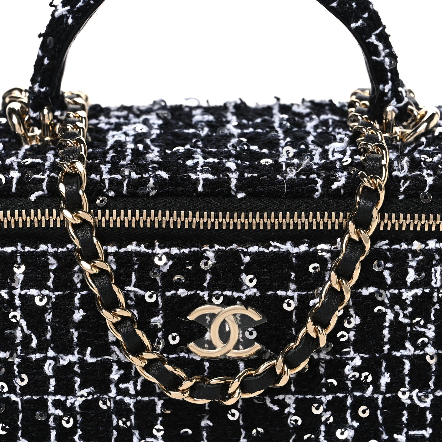Tweed Sequin Small Top Handle Vanity Case With Chain Black White