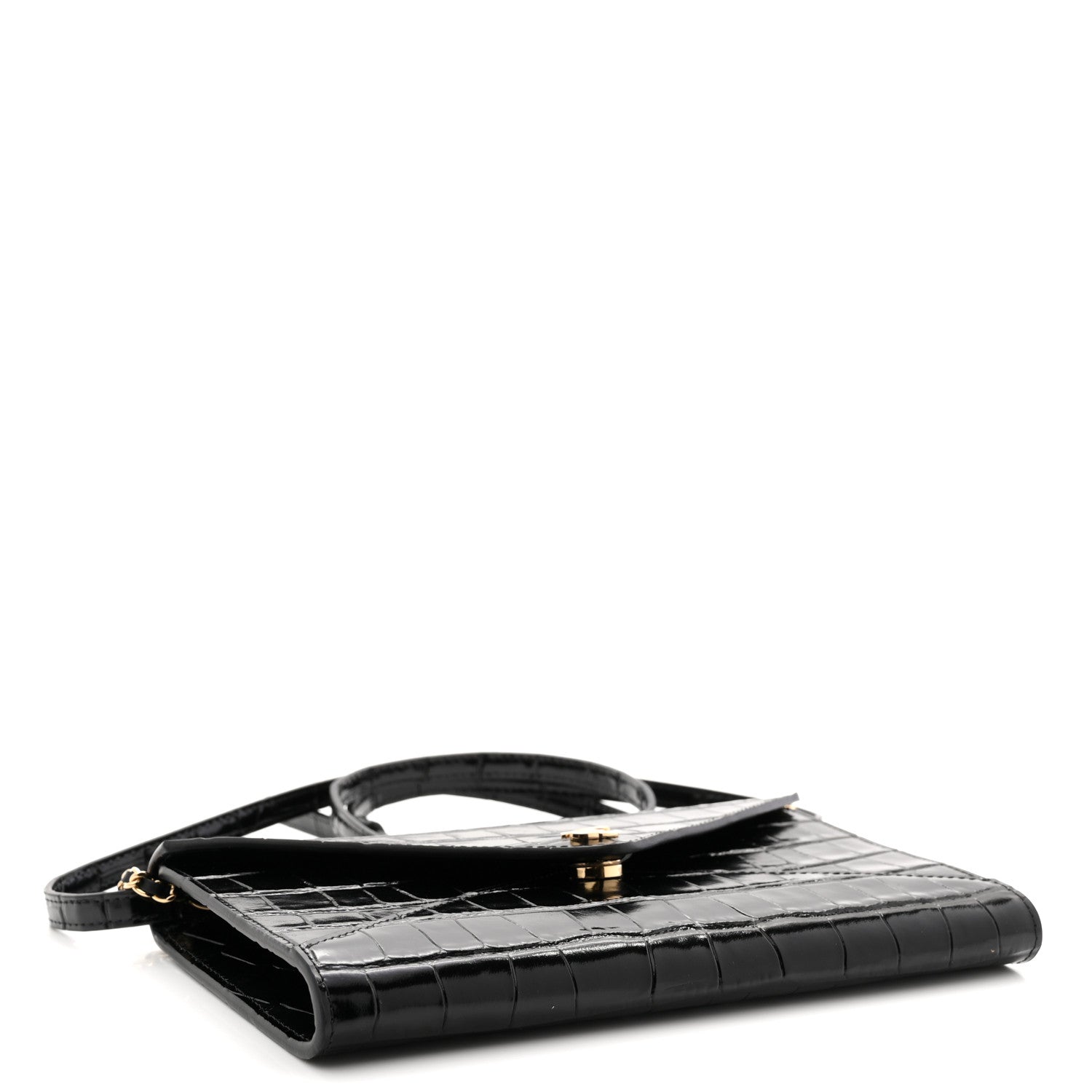 Calfskin Crocodile Embossed Clutch With Chain Black