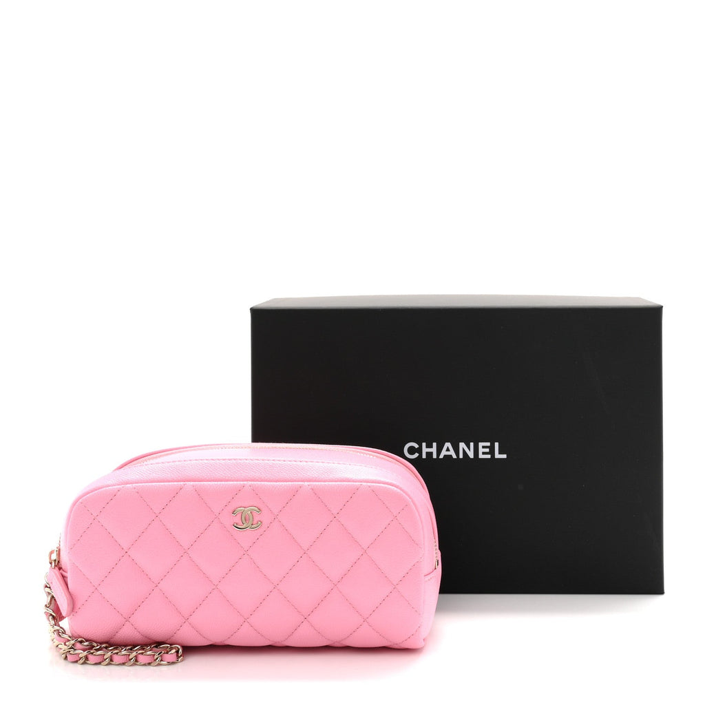 Caviar Quilted Toiletry Case With Chain Pink