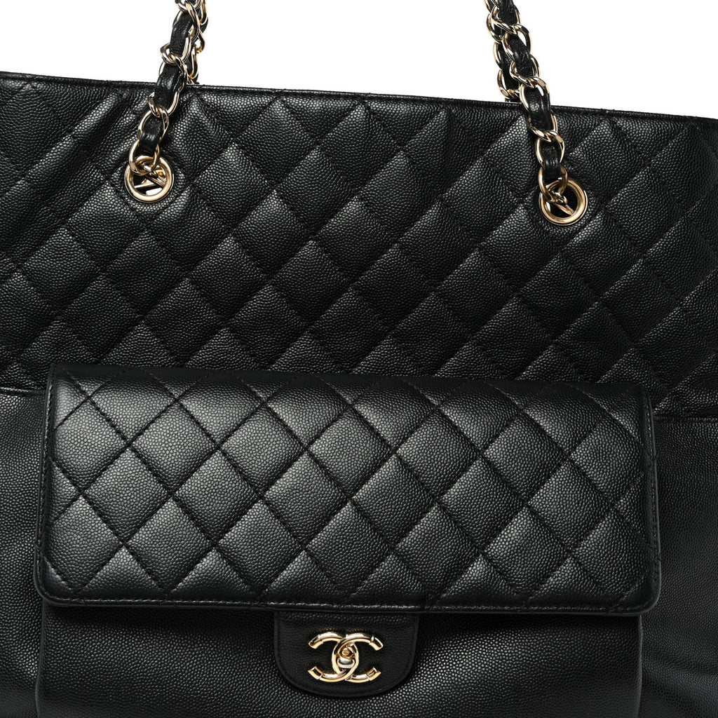 Caviar Quilted Large Flap Shopping Tote Black