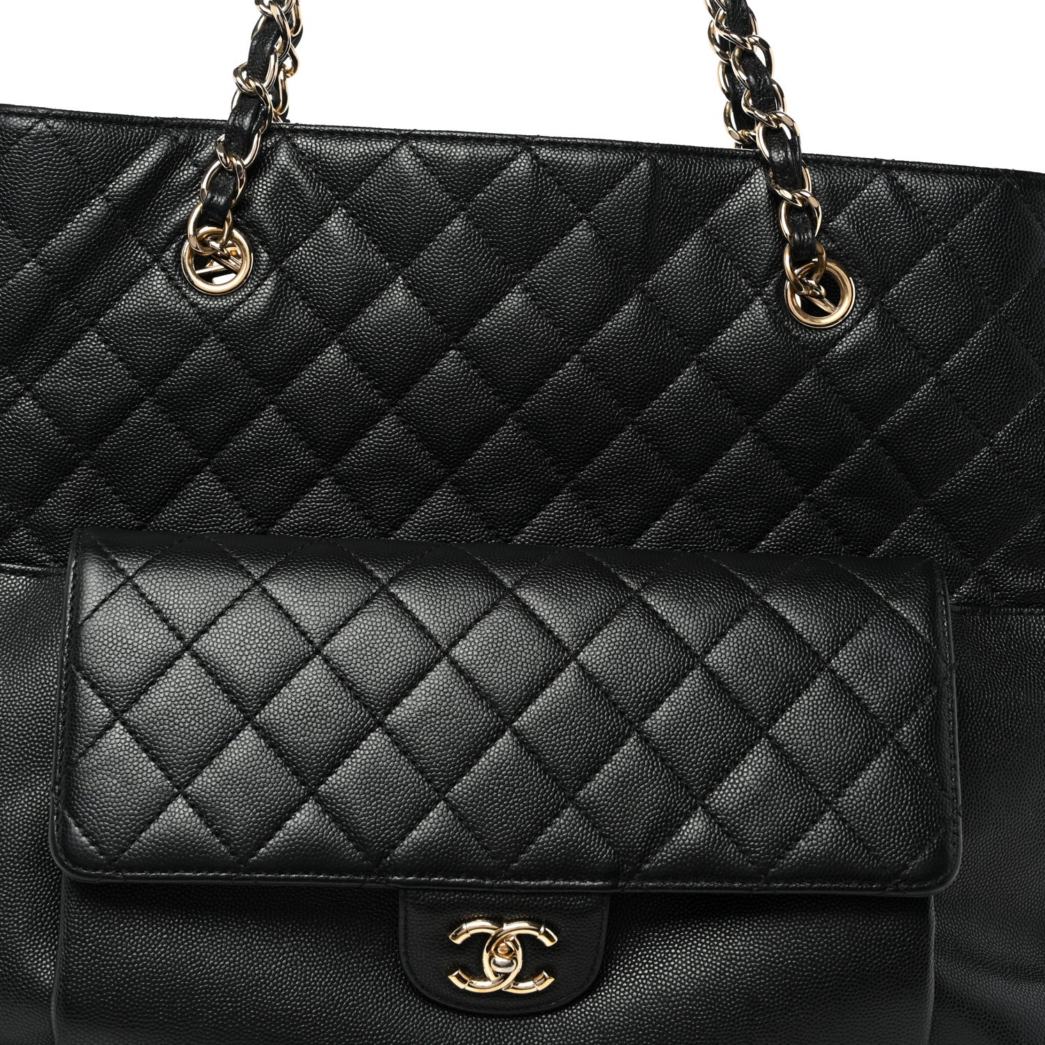 Caviar Quilted Large Flap Shopping Tote Black