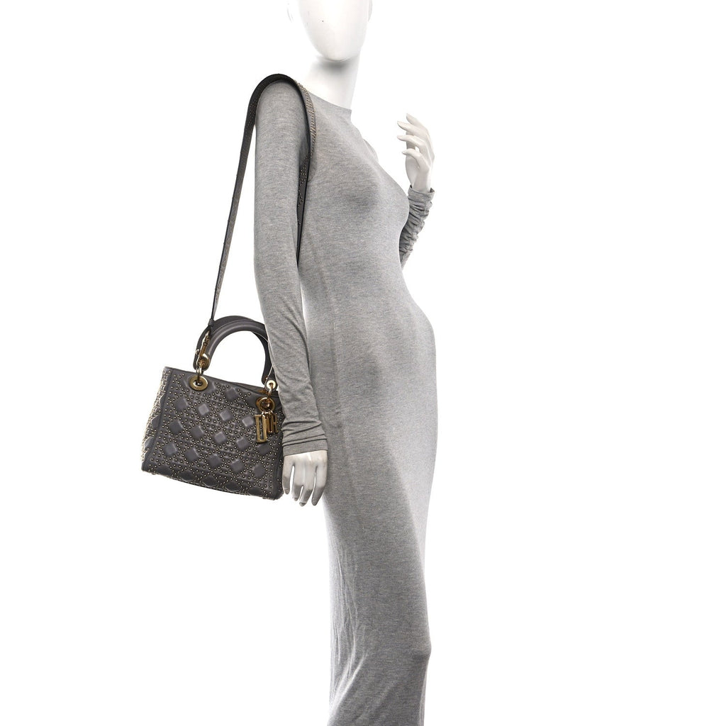 Calfskin Cannage Studded Medium Supple Lady Dior Grey