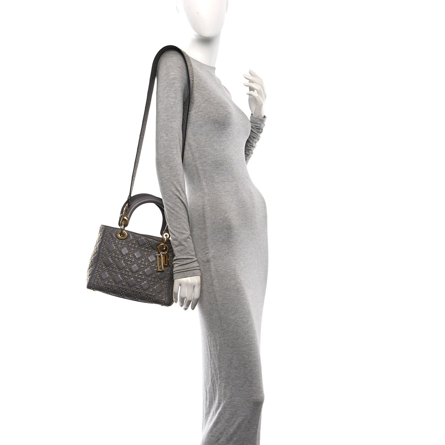 Calfskin Cannage Studded Medium Supple Lady Dior Grey