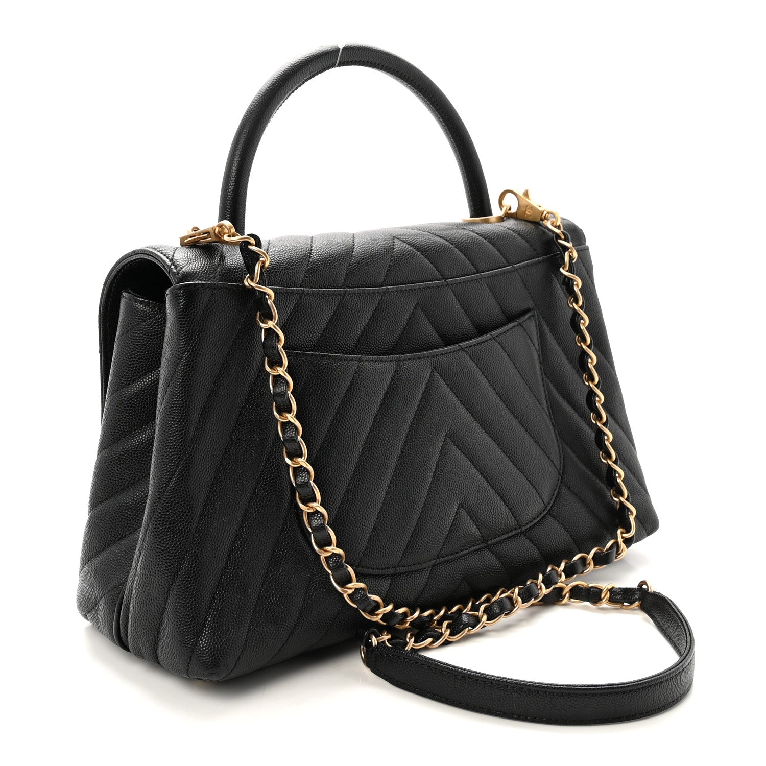 Caviar Chevron Quilted Small Coco Handle Flap Black