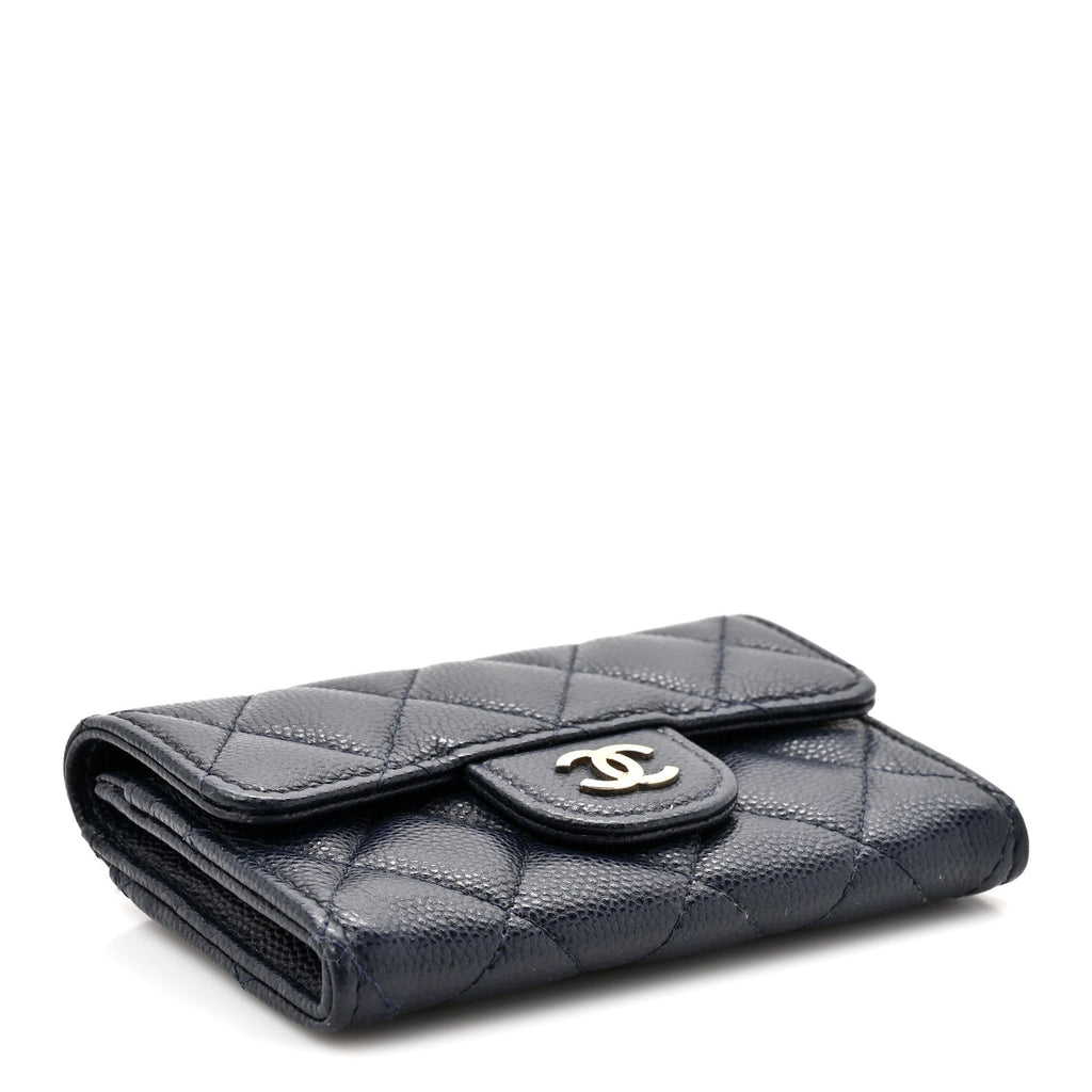 Caviar Quilted Flap Card Holder Wallet Navy Blue