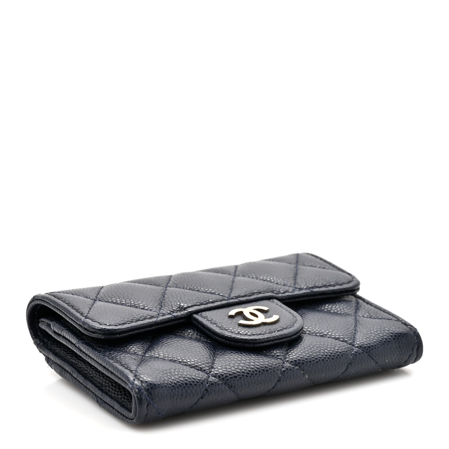 Caviar Quilted Flap Card Holder Wallet Navy Blue