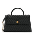 Caviar Chevron Quilted Medium Coco Handle Flap Black