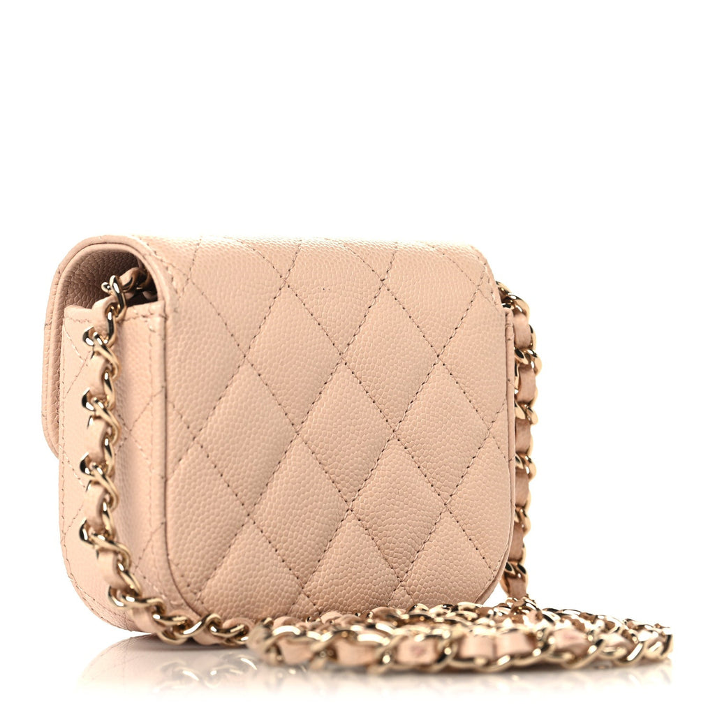 Caviar Quilted Mini Clutch With Chain Light Beige