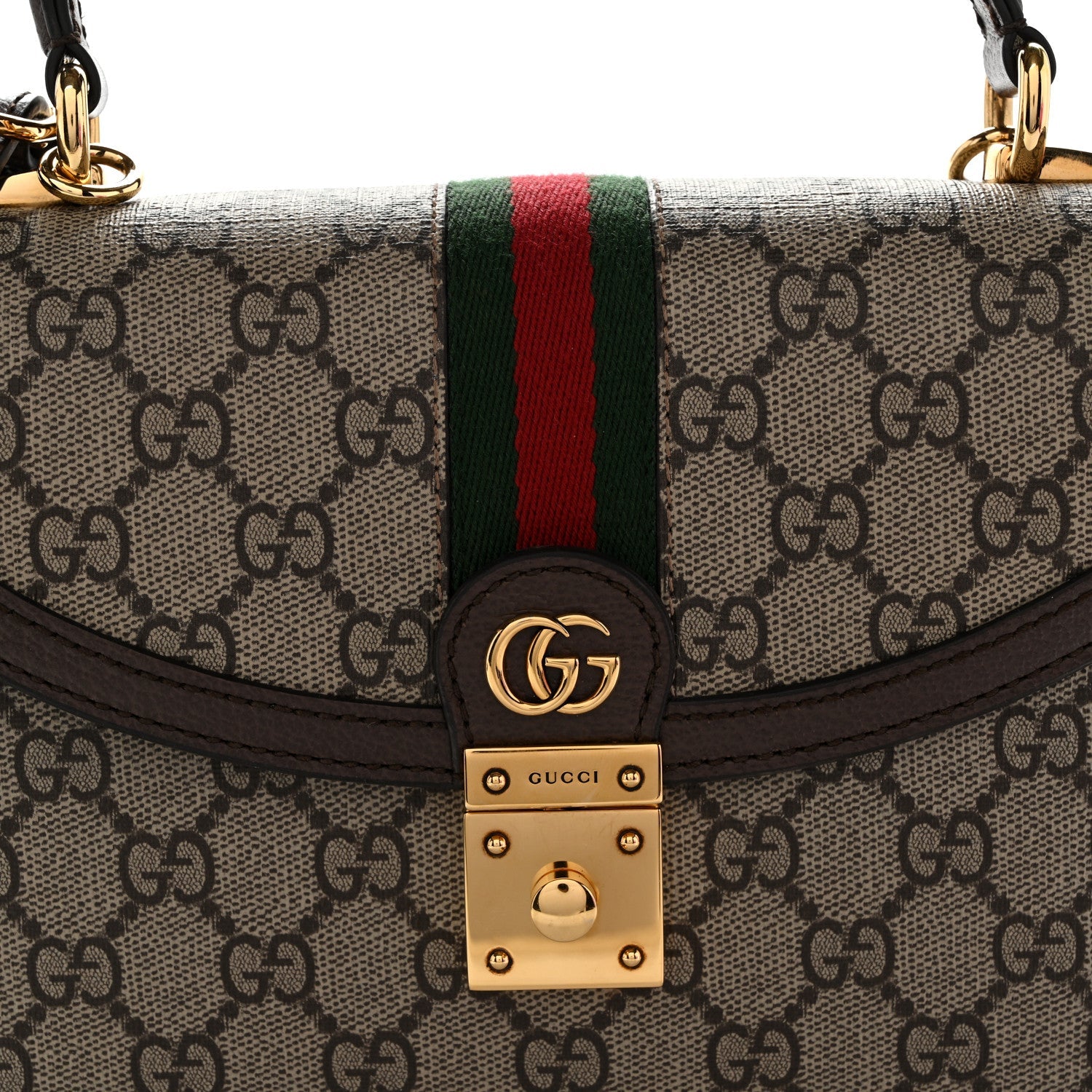 GG Supreme Monogram Textured Dollar Calfskin Web Small Ophidia Padlock Top Handle Bag Beige Ebony New Acero