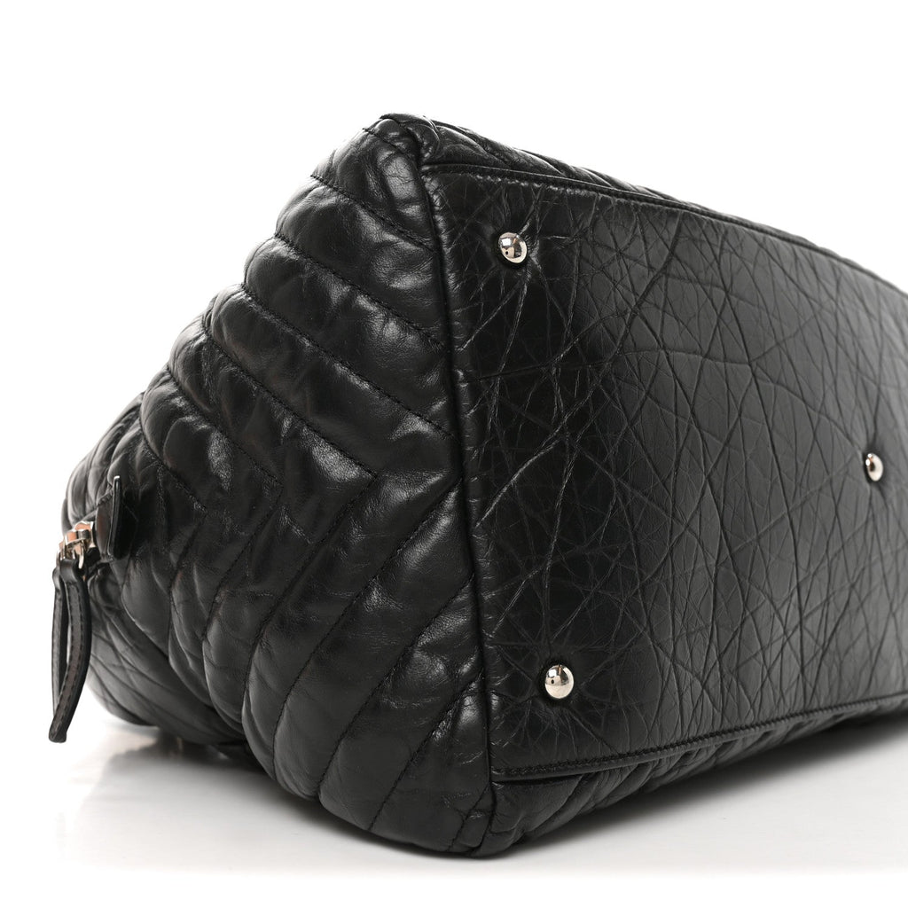Aged Calfskin Chevron Large Soft Bowling Bag Black