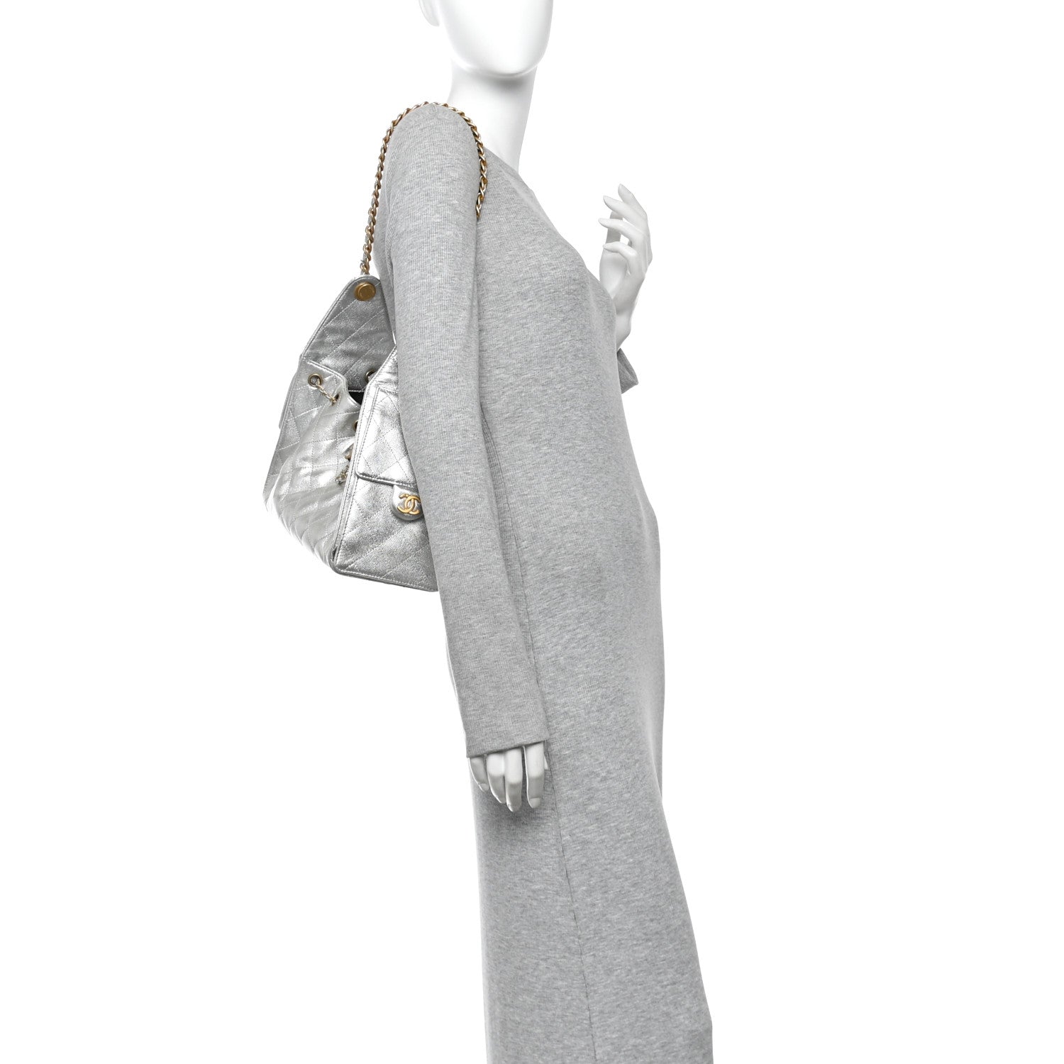 Metallic Caviar Quilted Small Chanel 25 Handbag Silver