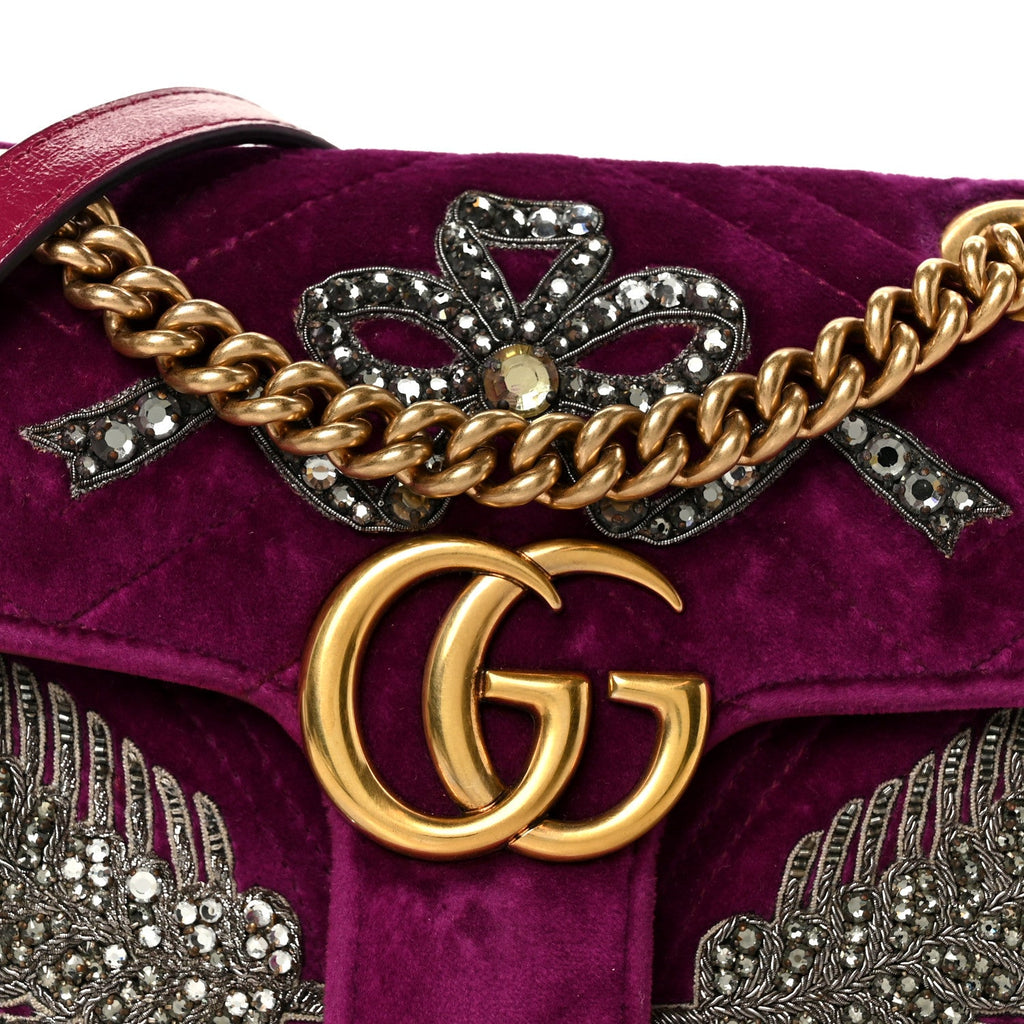 Velvet Matelasse Embroidered Mini GG Marmont Shoulder Bag Bordeaux