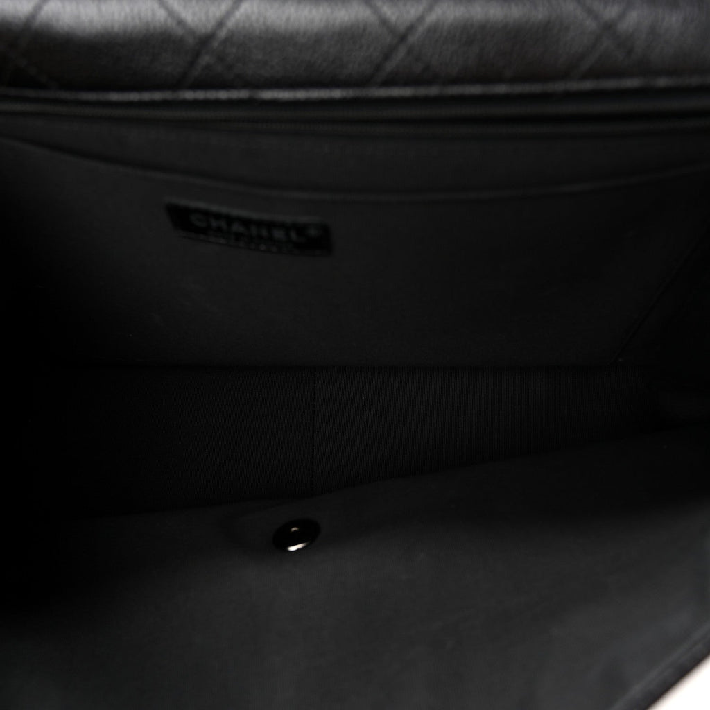 Grained Calfskin Quilted XXL Travel Flap Bag Black