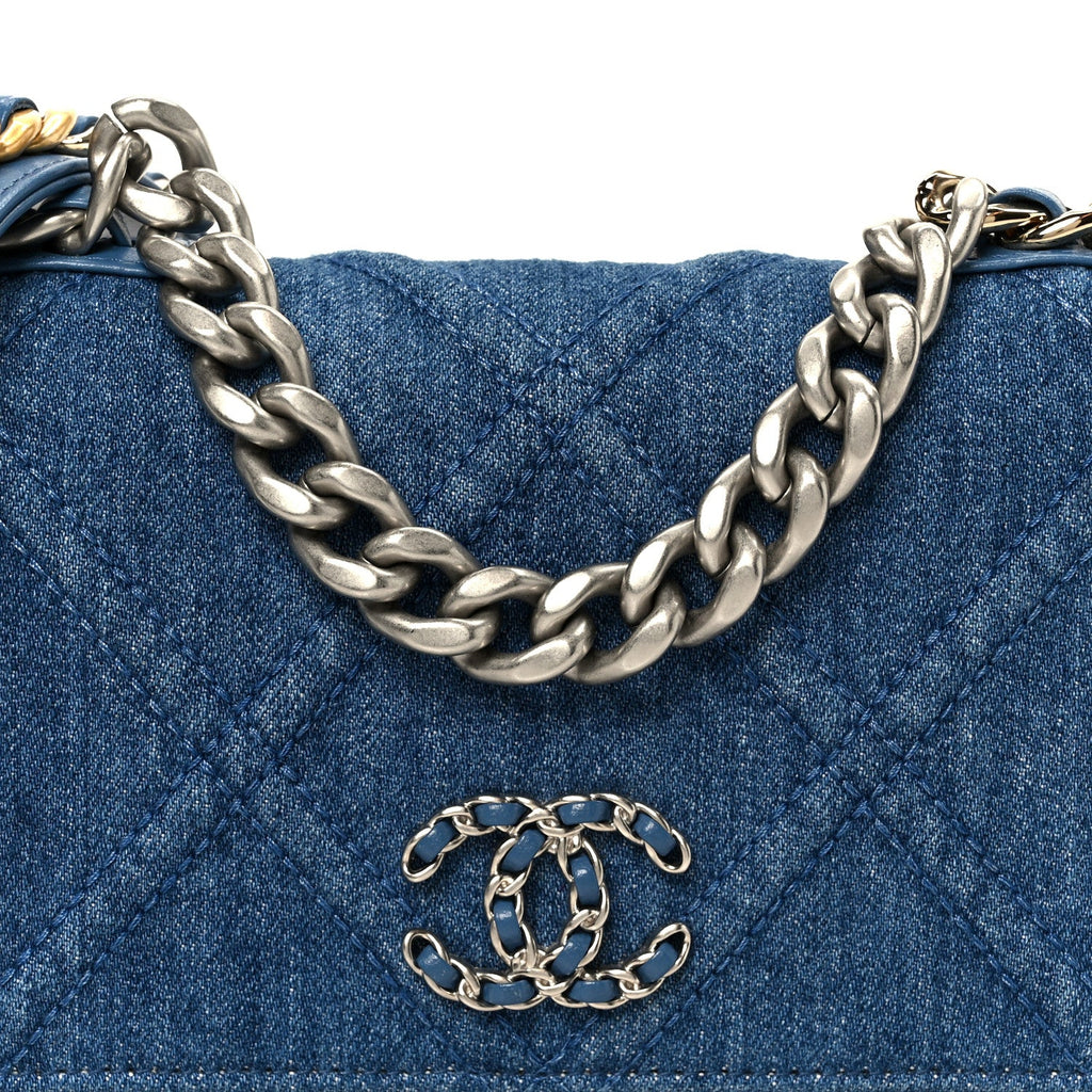 Denim Quilted Chanel 19 Wallet On Chain WOC Blue