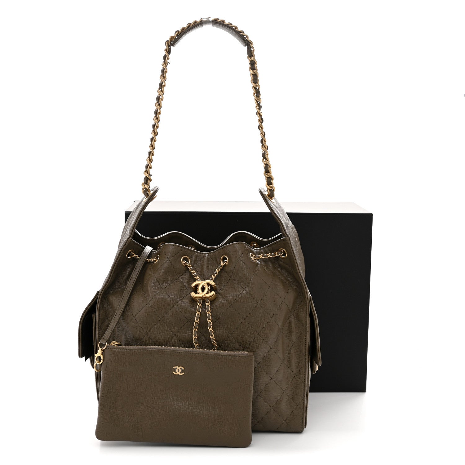 Caviar Quilted Medium Chanel 25 Handbag Dark Khaki