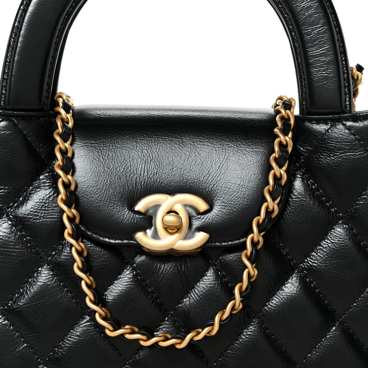 Shiny Aged Calfskin Quilted Nano Kelly Shopper Black