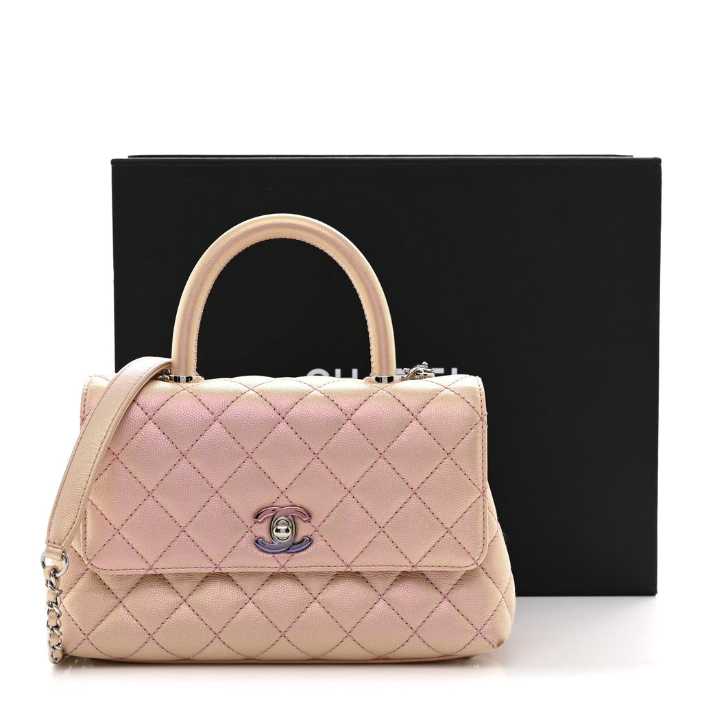 Iridescent Caviar Quilted Mini Coco Handle Flap Pink