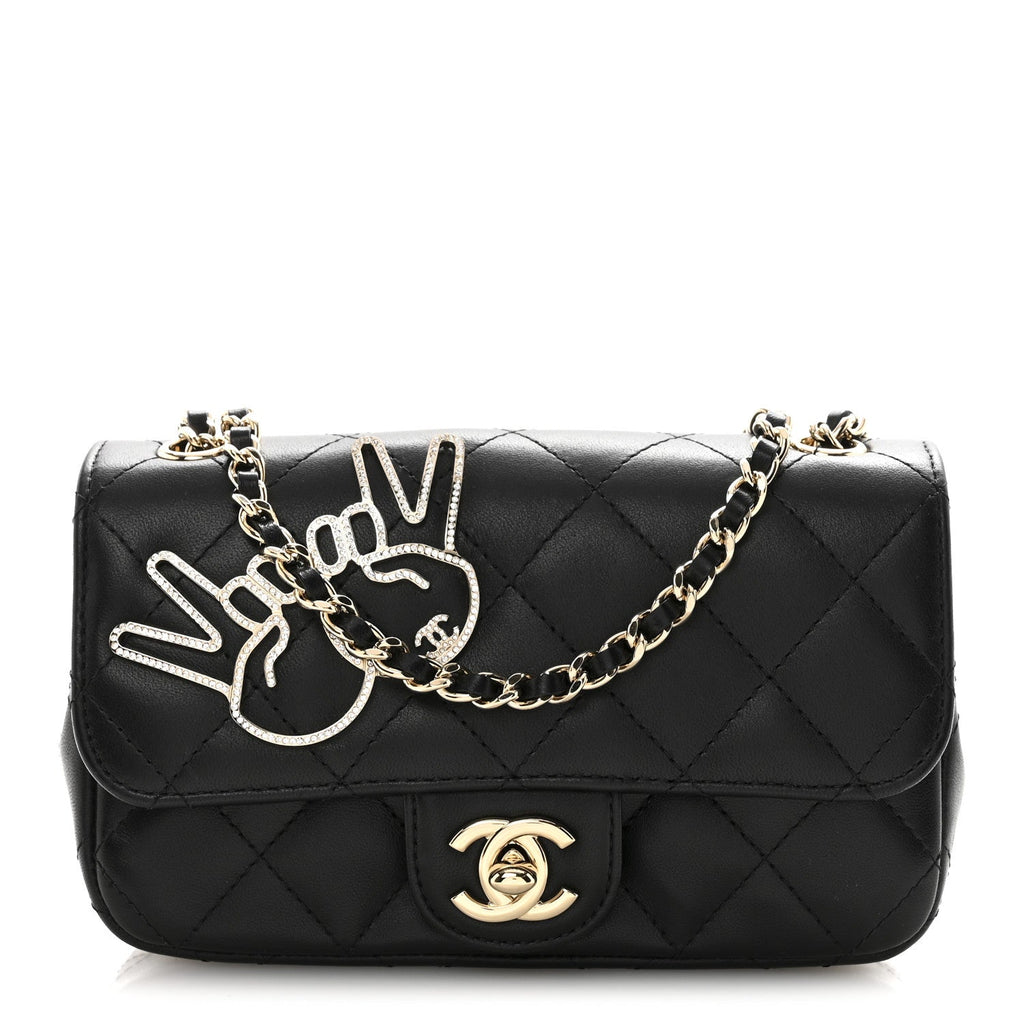 Lambskin Quilted Extra Mini V For Victory Flap Black