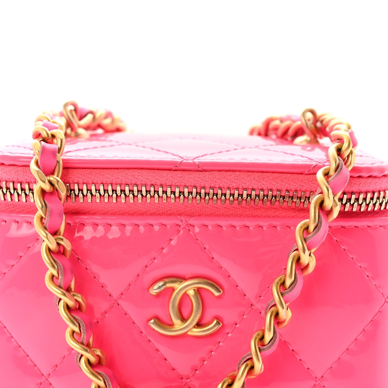 Patent Quilted Pearl Crush Mini Vanity Case With Chain Neon Pink