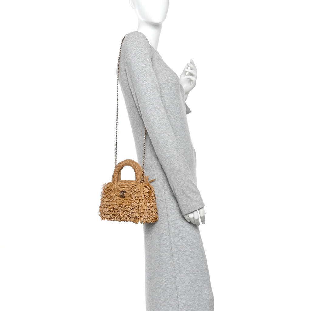 Raffia Fringe Nano Kelly Shopper Dark Beige