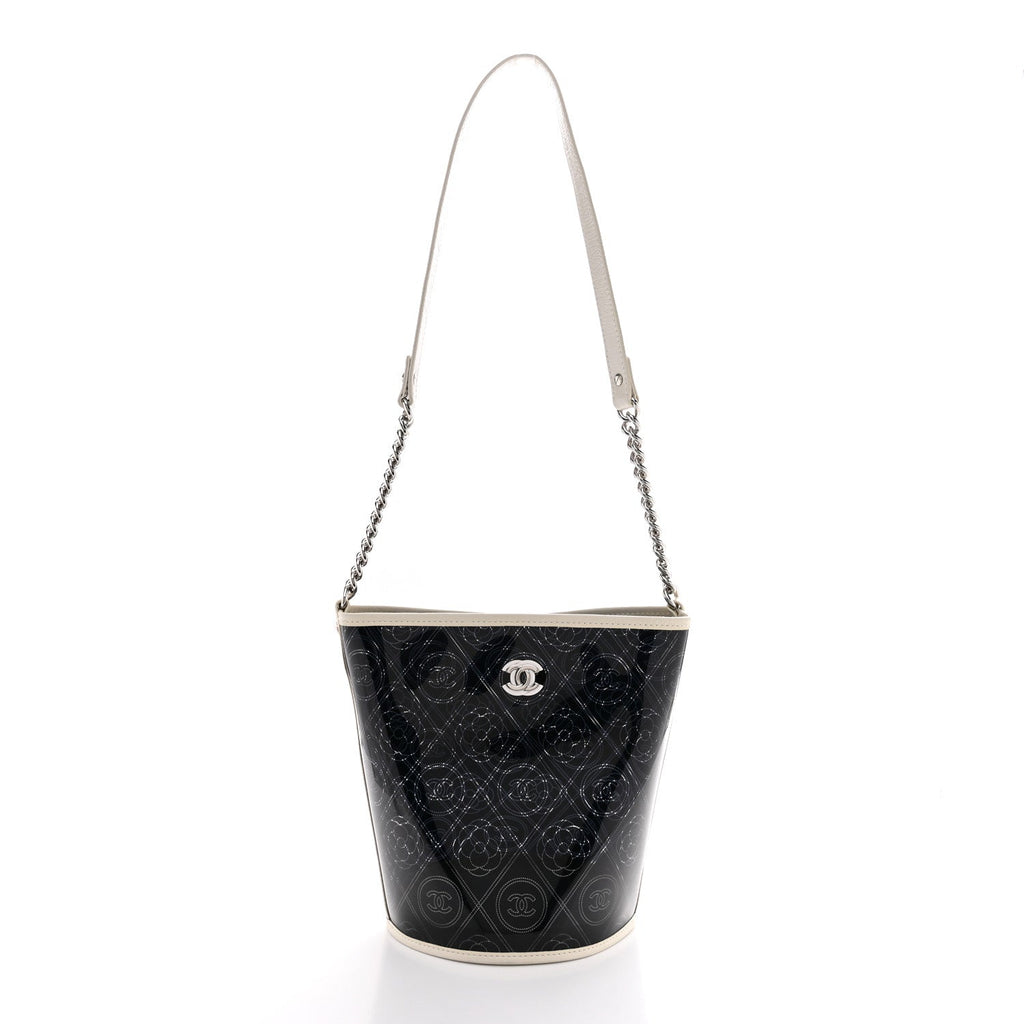 Crumpled Calfskin PVC Camellia Coco Bucket Bag Black White