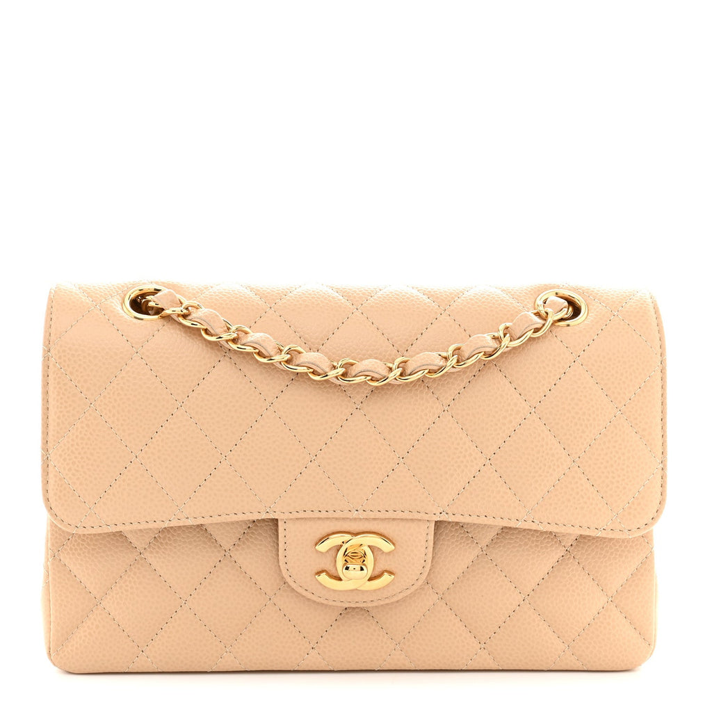 Caviar Quilted Small Double Flap Beige