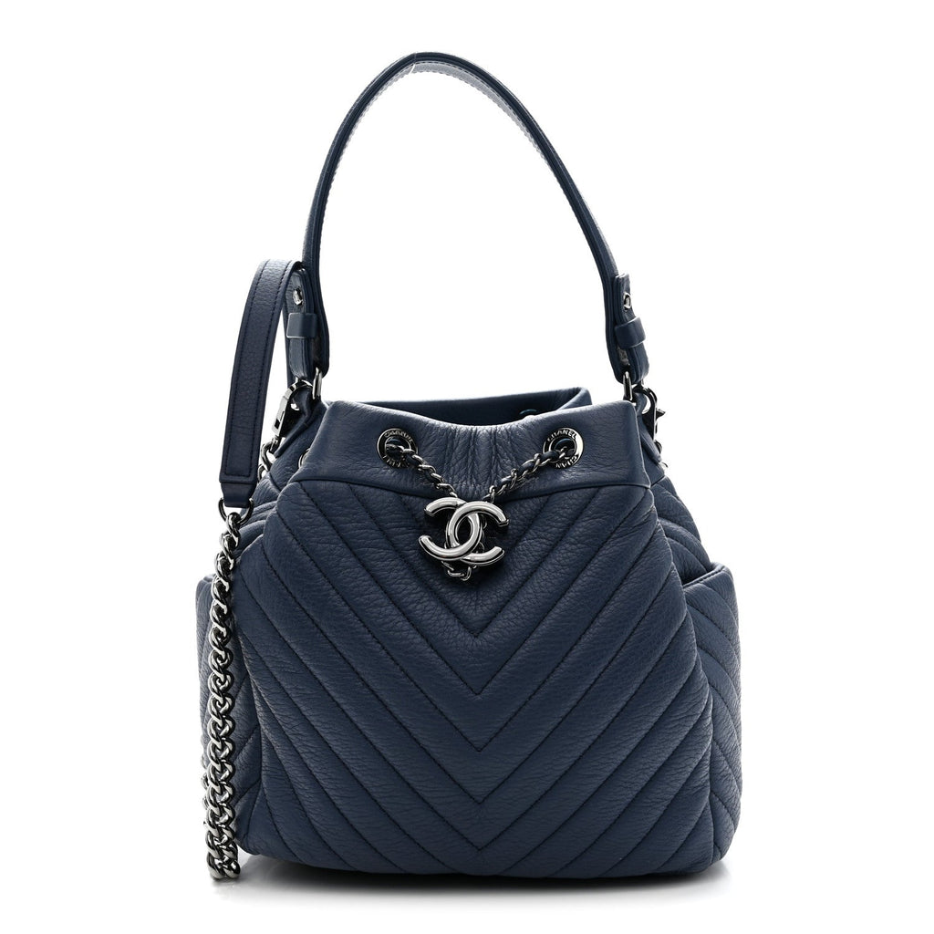 Deerskin Chevron Small CC Chain Bucket Bag Navy Blue