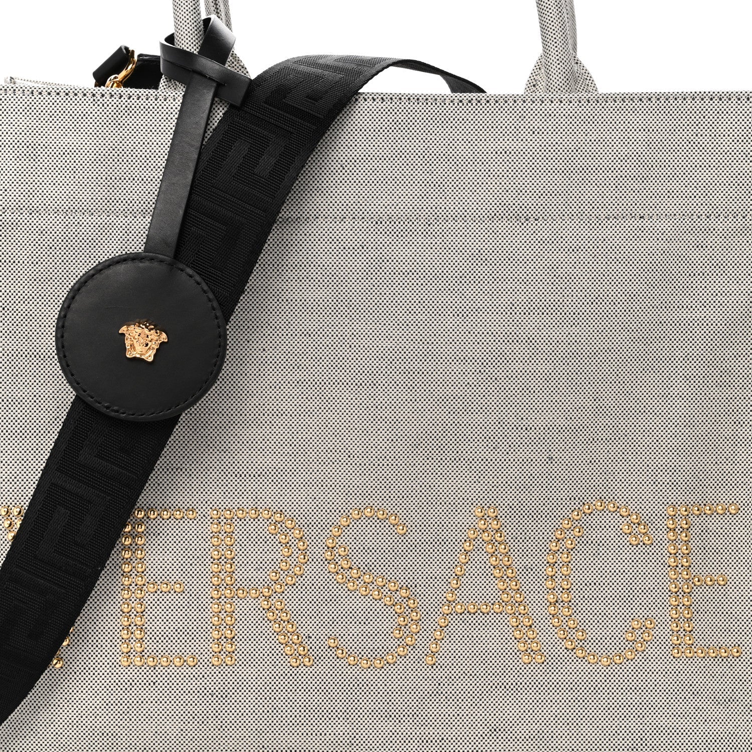 Canvas Calfskin Studded Large Logo Tote Bag Ecru Black