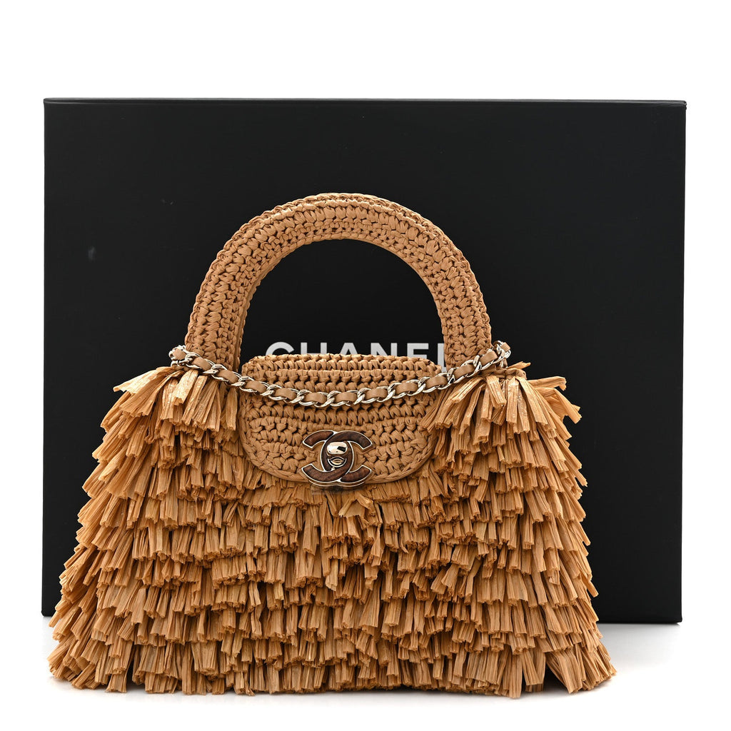 Raffia Fringe Nano Kelly Shopper Dark Beige