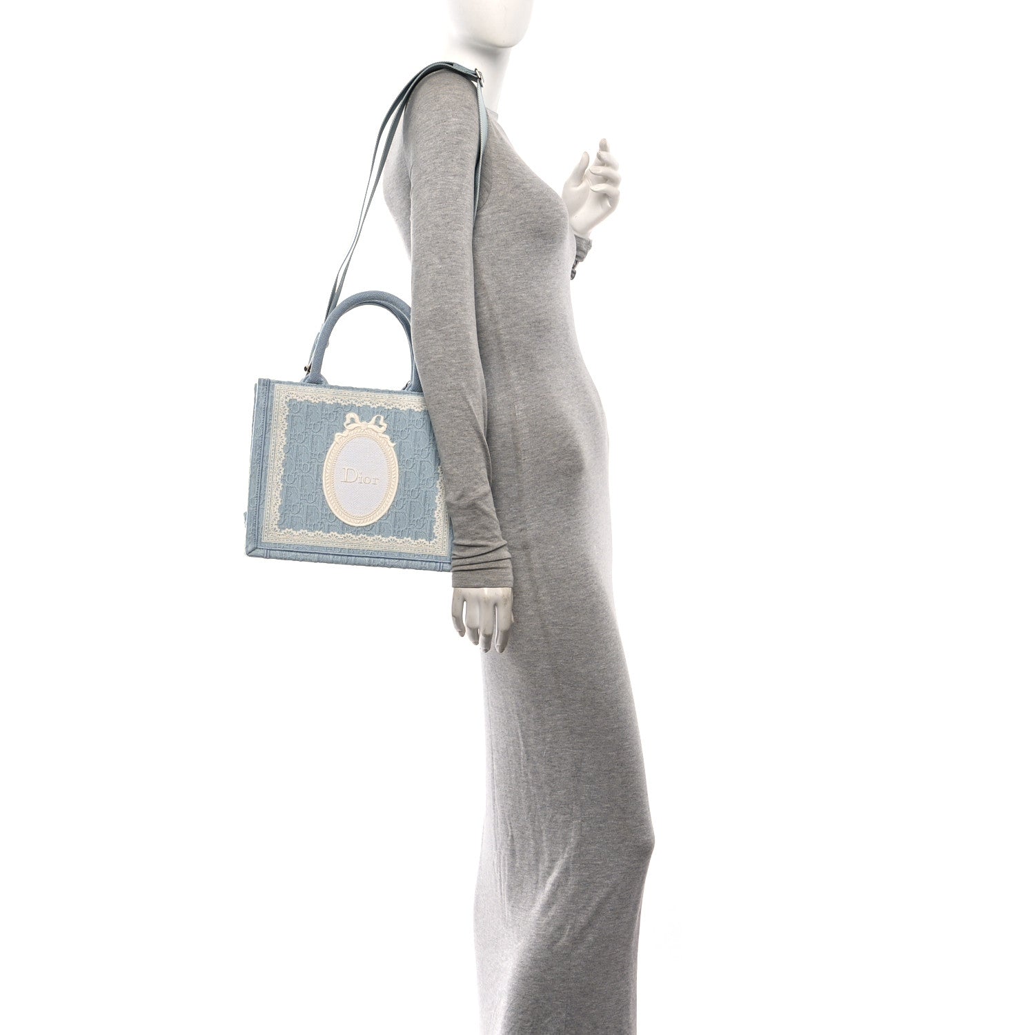 Oblique Embroidered Lace Dior Medallion Small Book Tote With Strap Celestial Blue White
