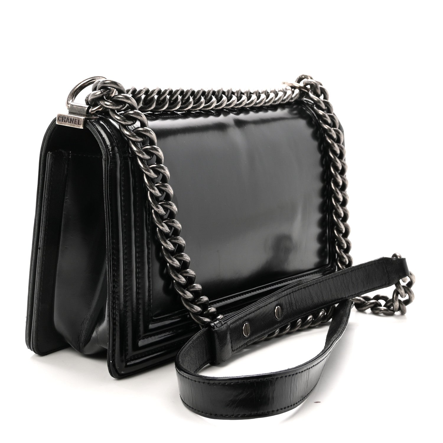 Glazed Calfskin Medium Boy Flap Black