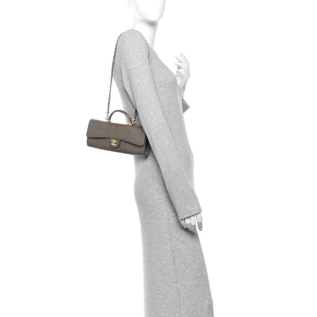 Calfskin Lizard Embossed Clutch With Chain Dark Khaki