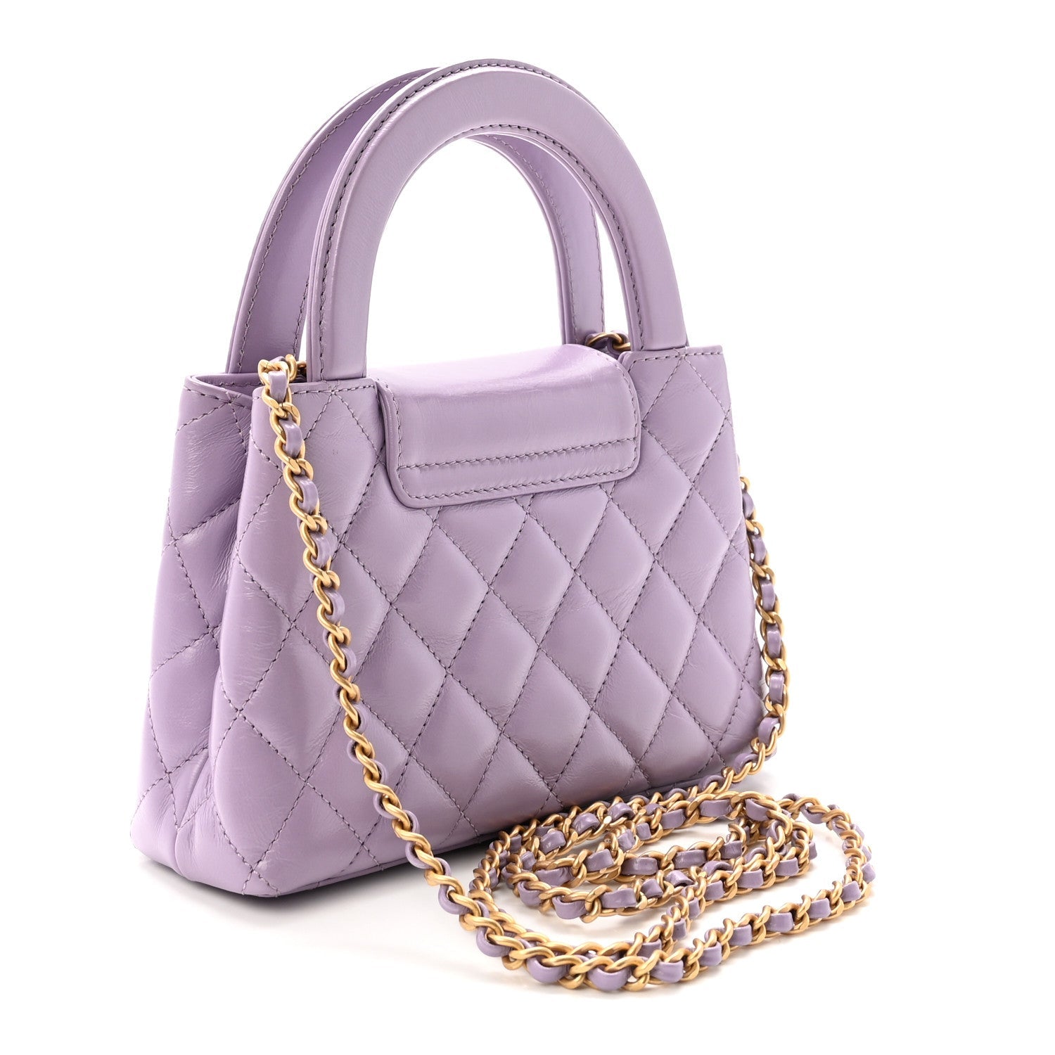 Shiny Aged Calfskin Quilted Nano Kelly Shopper Lilac