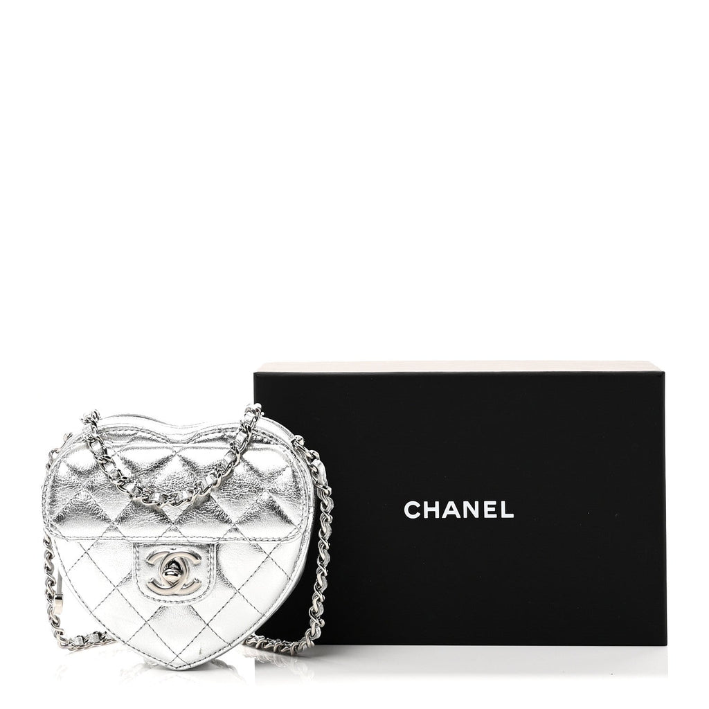 Metallic Lambskin Quilted CC In Love Heart Clutch With Chain Silver