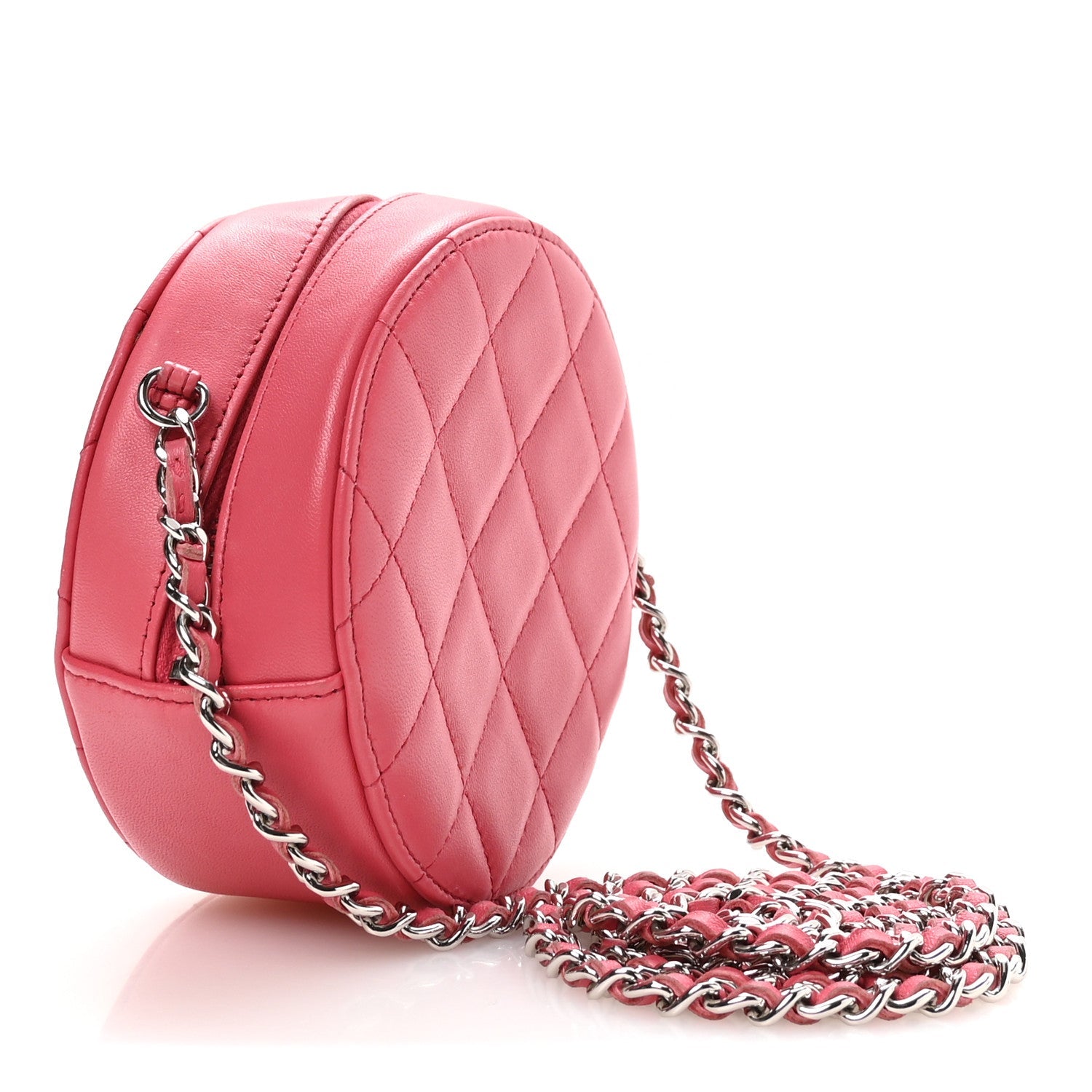Lambskin Quilted Round Clutch With Chain Pink